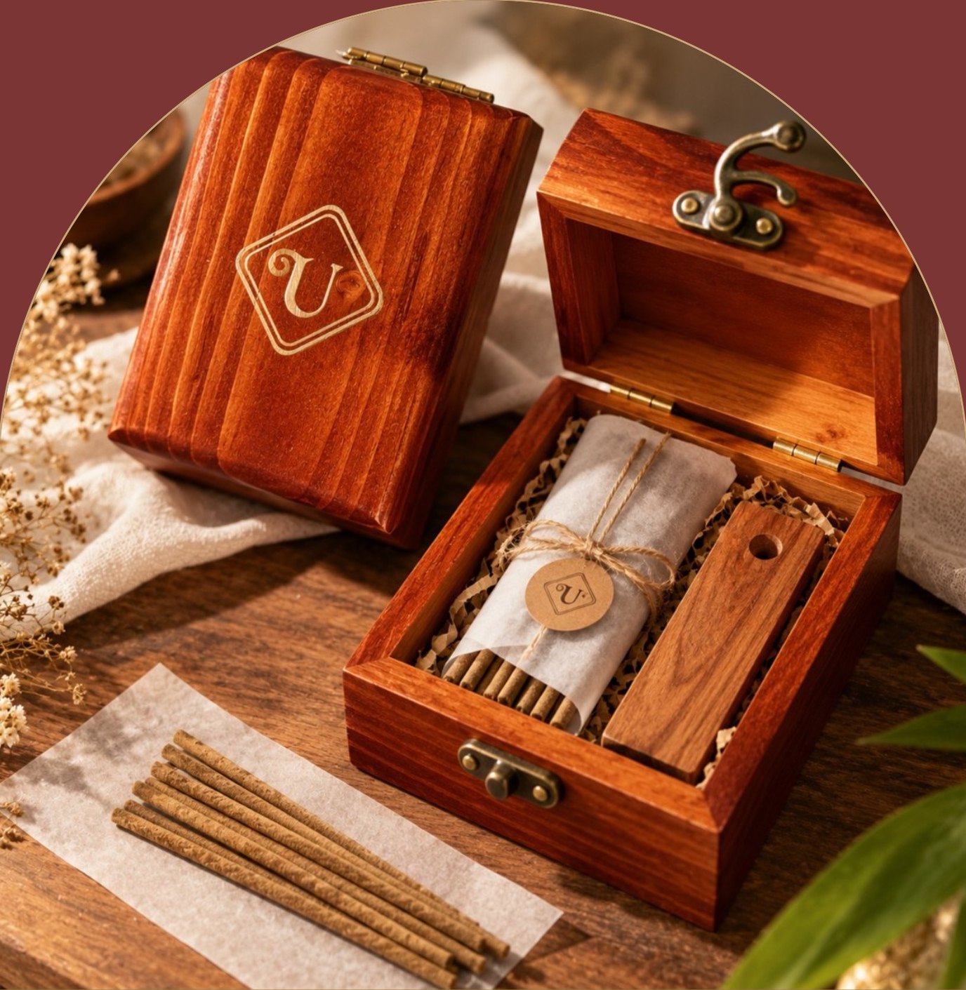 An open Channapatna wooden box holding hand-rolled Udupi Sugandha incense sticks wrapped in paper, with a wooden holder, beside its closed lid embossed with the Udupi Sugandha emblem
